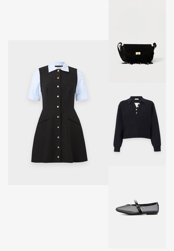 Pull noir en maille à manches longues avec un col et cinq boutons beige disposés en biais le long du plastron de la poitrine, poignets et ourlet côtelés.; Robe noire sans manches avec des boutons dorés sur le devant, associée à des manches courtes bleu clair et un col, dotée de deux poches latérales.; Chaussure plate Mary Jane en mesh noir avec bride brillante et boucle dorée en forme de cœur, petit talon et bout arrondi sur fond uni.; Sac bandoulière en daim noir avec fermoir doré, sangle réglable et détail à franges le long du bord inférieur sur un fond uni.