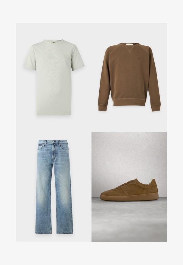Sweat-shirt marron à manches longues avec col rond, poignets et ourlet côtelés, coutures visibles et petit logo embossé sur la poitrine.; T-shirt vert clair à manches courtes en coton doux et lisse, avec un col rond et une petite étiquette logo sur la poitrine gauche.; Jean droit en denim bleu clair avec taille haute, cinq poches, fermeture à boutons et léger délavage sur les cuisses et les genoux.; Baskets en daim marron avec des lacets couleur fauve et une semelle en caoutchouc. Présente un bout arrondi et des détails cousus sur la tige. Design léger.