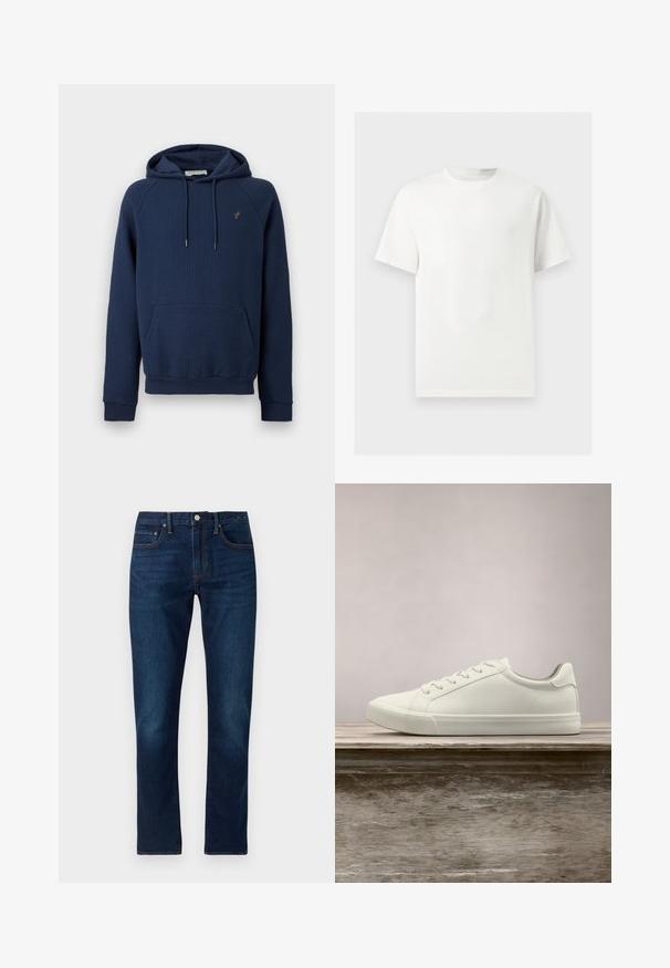 Sweat à capuche côtelé bleu marine avec poche kangourou à l'avant, capuche à cordon de serrage et petit emblème brodé sur le côté gauche de la poitrine.; T-shirt blanc uni à manches courtes et col rond présenté sur un fond gris clair.; Jeans en denim bleu foncé avec une coupe droite. Les caractéristiques incluent des coutures contrastées, cinq poches et une fermeture à bouton à l'avant.; Sneaker en dentelle blanche flottant au-dessus d'un banc en bois avec un feuillage vert en arrière-plan, mettant en valeur le design et la texture de la chaussure.