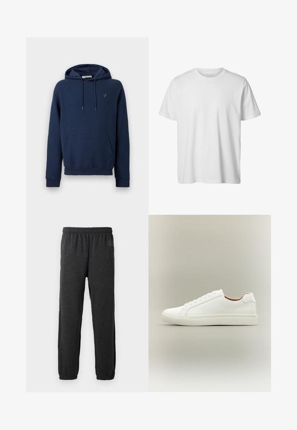 Sudadera con capucha azul marino con tejido acanalado, bolsillo canguro delantero, capucha con cordón y pequeño emblema bordado en el lado izquierdo del pecho.; Camiseta blanca lisa de manga corta con cuello redondo, corte holgado y sin logos o diseños visibles en el frente.; Pantalones de chándal grises hechos de una tela suave, con una cinturilla elástica y piernas ajustadas con puños elásticos. Detalle sutil del logo en una pierna.; Zapatilla blanca de corte bajo con cierre de cordones y suela plana, mostrada de perfil sobre un fondo neutro.