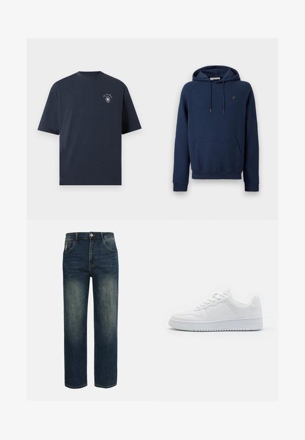 Sweat à capuche côtelé bleu marine avec poche kangourou à l'avant, capuche à cordon de serrage et petit emblème brodé sur le côté gauche de la poitrine.; T-shirt bleu marine à col rond avec manches courtes, présentant un petit motif floral blanc et un texte en écriture cursive sur la poitrine gauche.; Jean droit bleu foncé avec légère décoloration sur le devant des cuisses, cinq poches, et une fermeture à bouton à la taille.; Baskets blanches en matière synthétique lisse, avec des lacets plats, une pointe perforée et une semelle en caoutchouc dotée d'un motif de grip texturé.