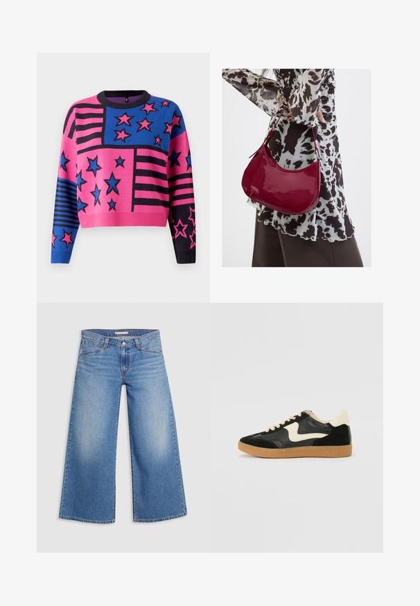 Roze en blauwe cropped trui met sterren- en streepjespatronen, voorzien van een zwarte geribde halslijn en mouwen. Gebreide textuur met levendige kleuren.; Lichtblauwe wijde denim jeans met een hoge taille, klassieke vijf-pocket design en subtiele vervaging langs de benen.; Zwarte suède en leren sneaker met een crèmekleurige zij-swoosh en lichte crèmekleurige hiel. Voorzien van beige veters en een gumrubberen zool.; Vrouw met een zwart-wit gebloemde blouse houdt een glanzende rode schoudertas vast tegen een effen achtergrond.