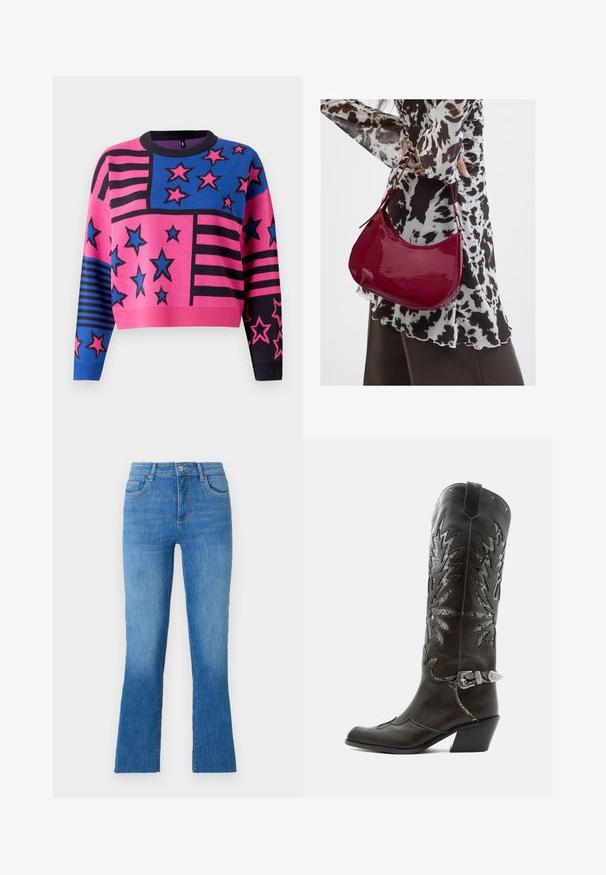 Pull court rose et bleu avec des motifs d'étoiles et de rayures, doté d'un col et de bords côtes noirs. Texture en tricot avec des couleurs vives.; Jeans en denim bleu avec une jambe évasée, dotés d'une taille mi-haute, de cinq poches et d'une fermeture à bouton argent classique. Texture lisse.; Botte de cowboy en cuir noir avec découpes décoratives, boucle argentée et talon incliné, présentée sur fond blanc.; Femme portant un chemisier à motif noir et blanc tenant un sac à main rouge brillant sur un fond uni.