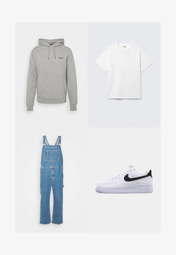Dickies LORETTO HOODIE - Mikina - grey melange; Biely krátky rukáv tričko s okrúhlym výstrihom, na rovine, jednoduchý dizajn, so štítkom "WEEKDAY" vo vnútri goliera na svetlom pozadí.; Džísy v svetlomodrej farbe s nastaviteľnými popruhmi, prednou kapsou a bočnými vreckami. Voľný strih so rovným strihom nohavíc, vyrobené z bavlnenej tkaniny.; Biele kožené tenisky s textúrovaným čiernym Swooshom, plochými šnúrkami a gumovou podrážkou s ryhovaným vzorom. Na päte je embosovaný nápis "AIR".