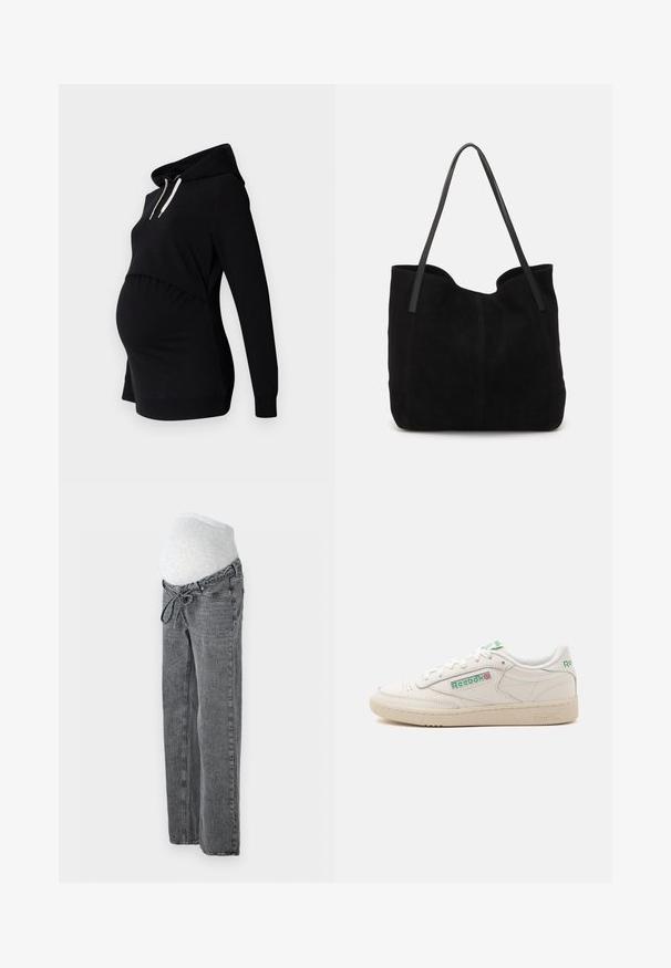 Sort graviditetshoodie med en afslappet pasform, der har et cropped design, lange ærmer, snoretræk i hætten og samlede sidelapper for komfort.; Vero Moda Maternity Wide-leg maternity Wide Leg Fit - Jeans Relaxed Fit - medium grey denim; Hvide Reebok lavtop sneakers med grønt logo, snørebånd og beige sål, vist fra den indvendige side på en ensfarvet baggrund.; Sort ruskinds totemed med to lange, flade læderremme. Har en buet topkant og synlige stikninger langs forsiden. Ingen hardware-dekorationer.