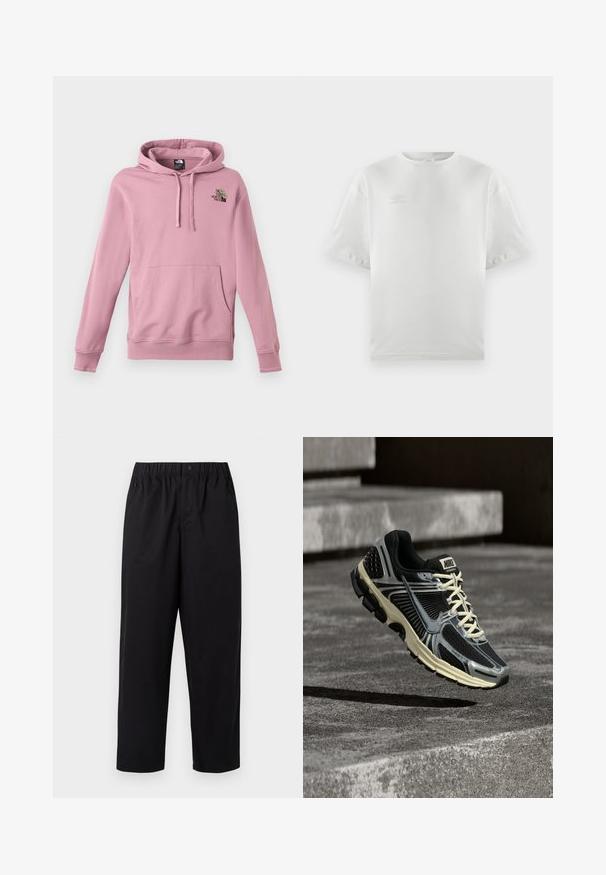 Sudadera en rosa claro, hecha de tejido suave, con capucha, bolsillo canguro y logo bordado con detalle floral en el pecho.; Camiseta de algodón blanca con mangas cortas, cuello redondo y un logo sutil impreso en gris claro en el pecho; textura suave y corte relajado.; Pantalones negros de pierna ancha con cintura elástica y un solo botón. Fabricados con una tela suave y ligera. Dobladillo recto.; Zapatilla de correr Nike en negro y gris con cordones color crema flotando sobre una superficie de hormigón texturizado.