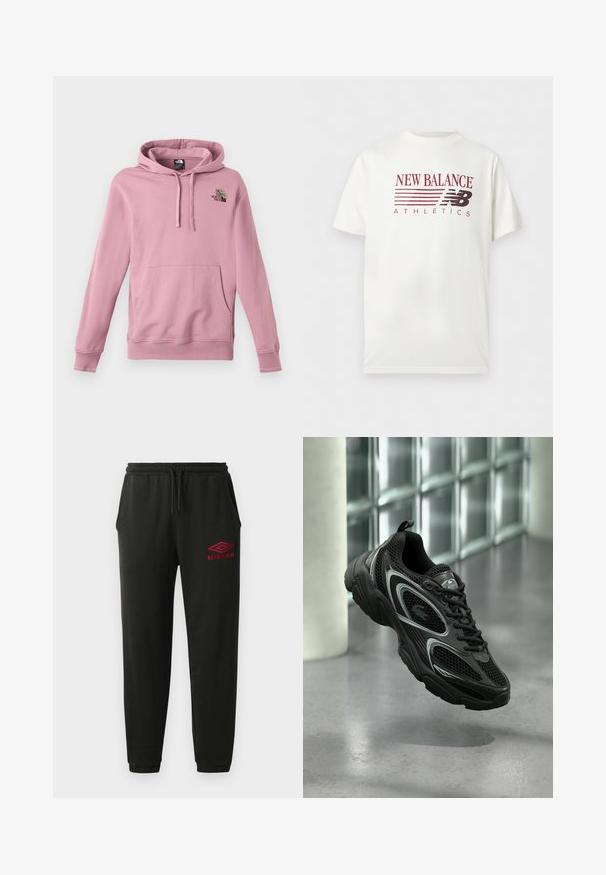 Sudadera en rosa claro, hecha de tejido suave, con capucha, bolsillo canguro y logo bordado con detalle floral en el pecho.; Camiseta blanca de manga corta con el texto "New Balance Athletics" y logo a rayas en rojo oscuro y negro en el pecho.; Pantalones de chándal negros con cintura y puños elásticos, bolsillos laterales y logo rojo de Umbro en el muslo izquierdo.; Zapato deportivo negro con material de malla y sintético, suela texturizada, diseño elegante, detalles plateados y cierre de cordones al frente.