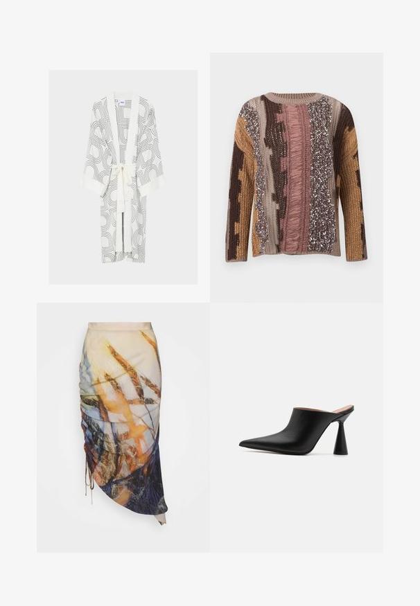 Pull en tricot multicolore avec des rayures verticales roses, marron, beige et fauve, orné de motifs texturés incluant des franges et des fils métalliques.; Robe style kimono blanche avec des motifs de lignes géométriques noires, manches larges, col châle et ceinture à nouer à la taille.; Materiel DIAGONAL GATHERED SKIRT - Jupe crayon - golden hour; Mules en cuir noir avec un bout pointu et un talon conique unique. Texture lisse et design minimaliste, à dos ouvert pour un enfilage facile.