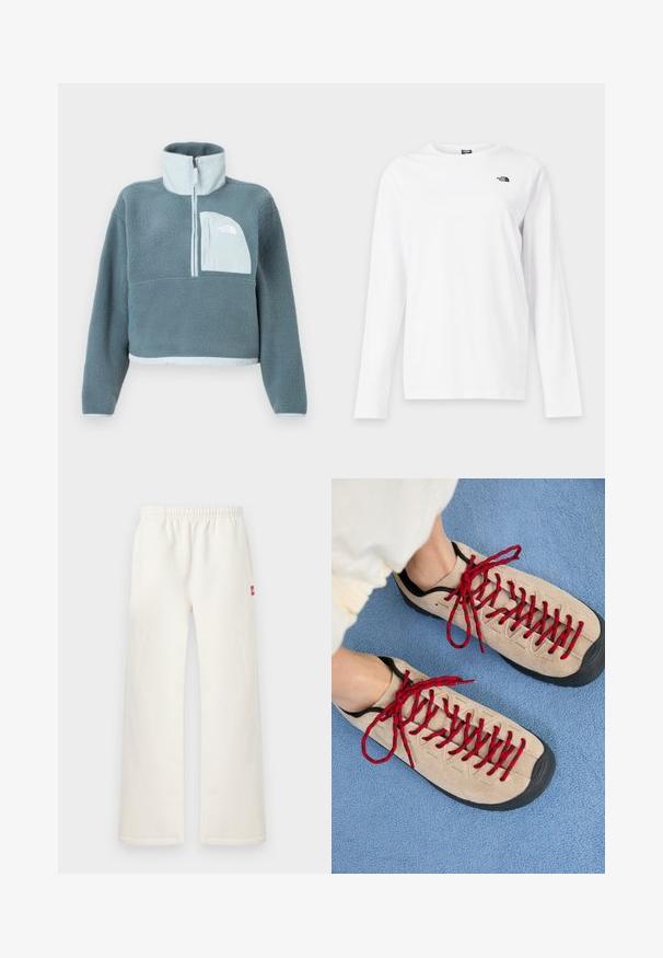 Pullover en polaire bleu avec demi-fermeture éclair, col montant et poche poitrine bleu clair arborant le logo The North Face.; T-shirt blanc à manches longues avec col rond et petit logo noir The North Face sur le côté gauche de la poitrine.; Pantalon droit de couleur blanc cassé avec taille élastique et petite écusson rouge sur le côté droit, présenté sur un fond clair uni.; Des chaussures beiges avec des lacets rouges, posées sur une surface bleue texturée, révèlent partiellement la cheville d'une personne. Les chaussures ont un design sportif.