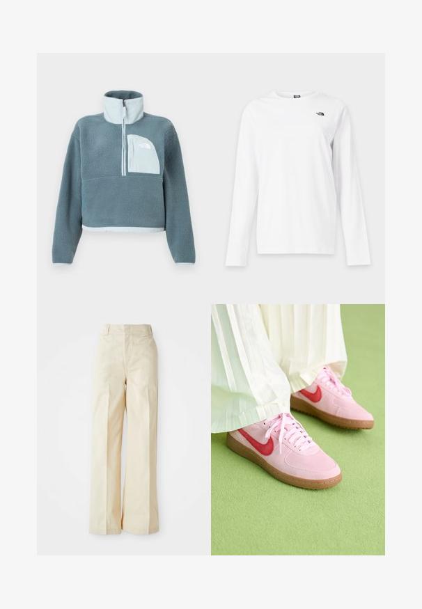 Sininen fleece-pusero, jossa on puolivetoketju, korkea kaulus ja vaaleansininen rintatasku, jossa on The North Face -logo.; Valkoinen pitkähihainen pyöreäkauluksinen paita, jossa vasemmassa rinnassa pieni musta The North Face -logo.; Beige leveletraktori z visoko pasom, izdelani iz gladkega materiala z urejenimi gubanji na sprednji strani, postavljeni na enobarvni beli ozadju.; Vaaleanpunaiset mokkakengät, joissa on punainen logo ja yhteensopivat nauhat. Pohja on vaaleanruskeaa kumia. Yhdistetty valkoisten poimuputsujen kanssa vihreällä pinnalla.