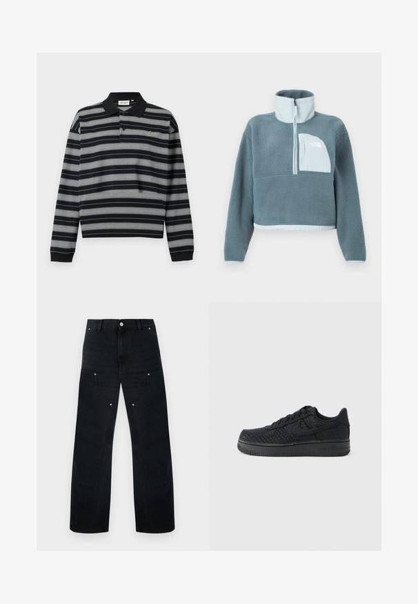 Pullover en polaire bleu avec demi-fermeture éclair, col montant et poche poitrine bleu clair arborant le logo The North Face.; Polo noir à manches longues avec des rayures horizontales blanches et grises, patte à deux boutons et logo brodé sur la poitrine.; Pantalon en denim noir à jambes larges avec une taille haute, présentant des coutures discrètes, deux poches avant et des accents de ferrures métalliques.; Baskets noires avec une surface en daim texturée, design bas, bout rond, devant à lacets et semelle en caoutchouc avec un marquage subtil.