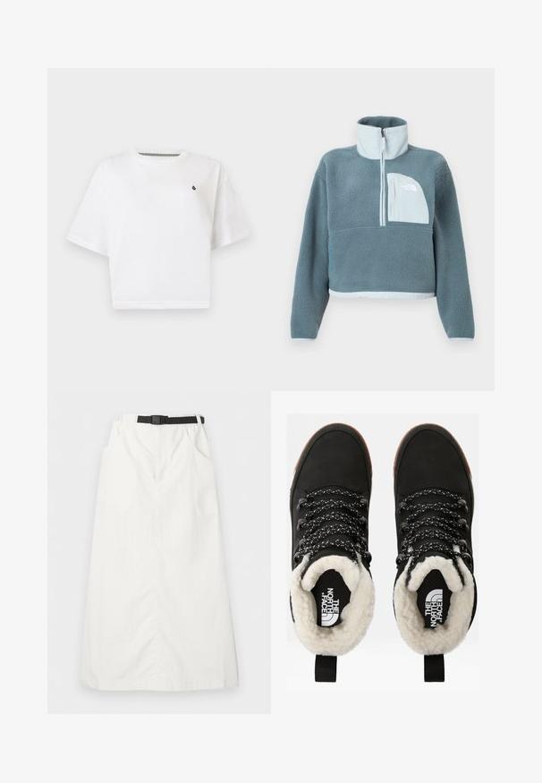 Pullover en polaire bleu avec demi-fermeture éclair, col montant et poche poitrine bleu clair arborant le logo The North Face.; T-shirt blanc court à manches courtes avec petit logo noir sur le côté gauche de la poitrine, encolure ronde, coupe décontractée sur fond uni.; Jupe longue blanche avec taille élastique et ceinture noire réglable, dotée de poches latérales et d'une coupe droite.; Bottes noires en cuir synthétique imperméables à la cheville, avec une doublure en fausse fourrure, un tissu texturé, des lacets à motifs noirs et blancs, et une languette au niveau du talon.