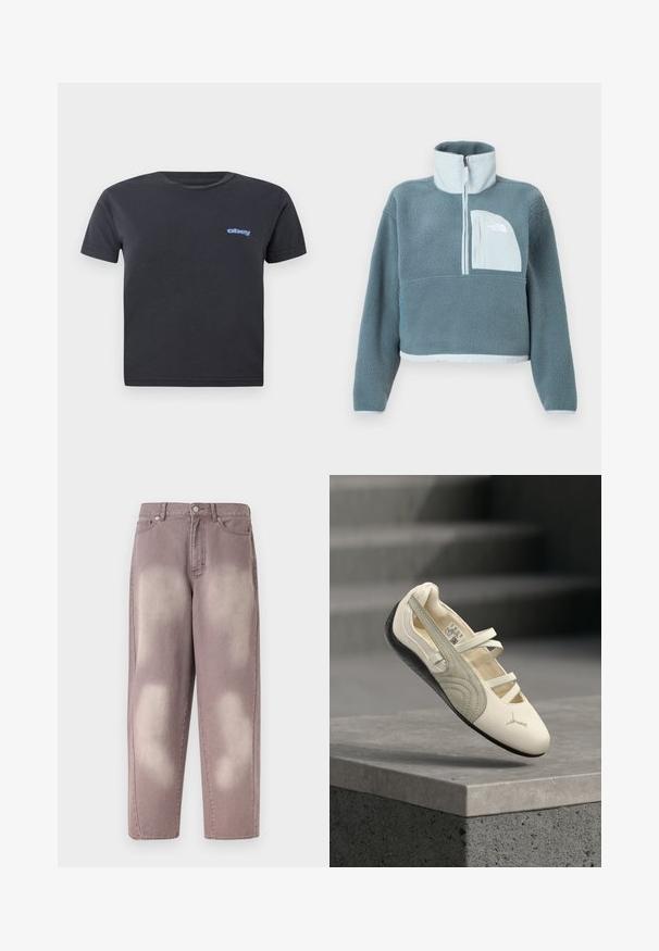 Sininen fleece-pusero, jossa on puolivetoketju, korkea kaulus ja vaaleansininen rintatasku, jossa on The North Face -logo.; Musta puuvillapaita lyhyillä hihoilla, pyöreä kaula-aukko, jossa sininen "obey"-logo vasemmassa rinnassa. Sujuva pinta, normaali istuvuus.; Vaaleanvioletit haaluneet farkut korkealla vyötäröllä, napillinen suljenta ja kaksi etutaskua, esillä yksinkertaisella taustalla.; Valkoinen ja harmaa balettityylinen tennarisukka, jossa on kolme kuminauhaa ja musta pohja, esitetty ilmassa betonikynnyksen yllä.
