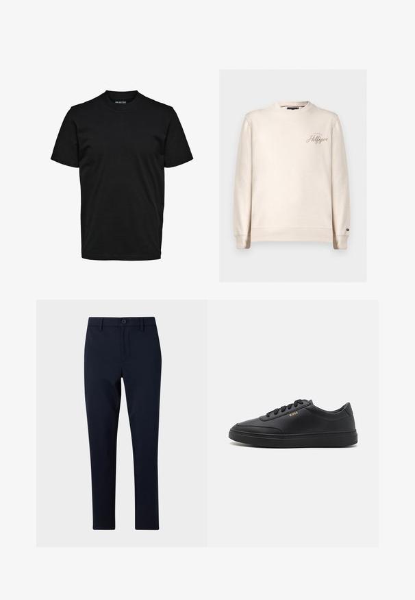 Crème sweatshirt met een ronde hals, ribgebreide boorden en onderkant, met een subtiele geborduurde 'Tommy Hilfiger' logo aan de voorkant. Zachte textuur.; Eenvoudig zwart T-shirt met korte mouwen, ronde hals en een normaal model zonder zichtbare patronen of logo's.; Marineblauwe rechte broek met knoop- en ritssluiting, riemlussen en geen zichtbare zakken, getoond op een effen lichte achtergrond.; Zwarte leren sneakers met een gladde textuur, ronde neus, platte rubberen zool en tonale veters. Kenmerkt zich door de gouden "BOSS" branding aan de zijkant.