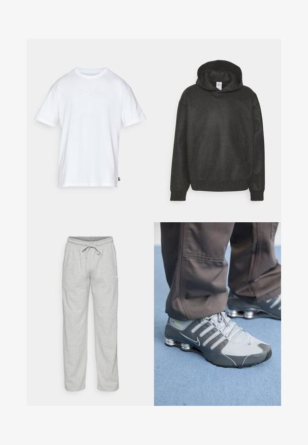 Hættetrøje i struktureret mørkegrå stof med en frontlomme og ribbede manchetter og kant for en tætsiddende pasform.; Hvid bomulds T-shirt med korte ærmer og rund hals. Har et lille, diskret Nike-logo på brystet og et sidelabel.; Lys grå sweatpants lavet af blødt stof. Har en elastisk talje med snøre og Nike-logo i sort på venstre lår.; Grå og sølv Nike Shox sneakers har et slankt design med mesh og syntetiske materialer, en rund tå og en polstret krave.