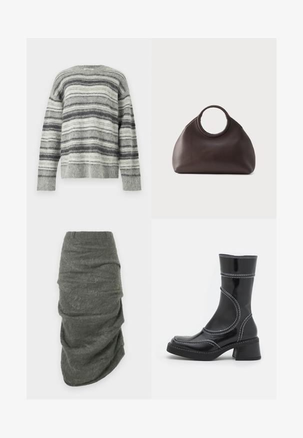 Grå stripete genser laget av mykt, lodden materiale. Har horisontale striper i ulike nyanser av grått og hvitt. Rund hals, lange ermer.; Mørkegrå asymmetrisk mohair-skjørt med rynket tekstur og tettsittende midjebånd, vist flatt på en hvit bakgrunn.; Svart patentlær ankle boot med hvite sømmer, rund tå og blokkhelt. Har buede designlinjer og en glatt tekstur.; Mørkebrun skinnveske med runde, vevde håndtak og en myk, rund form mot en ensfarget lys bakgrunn.