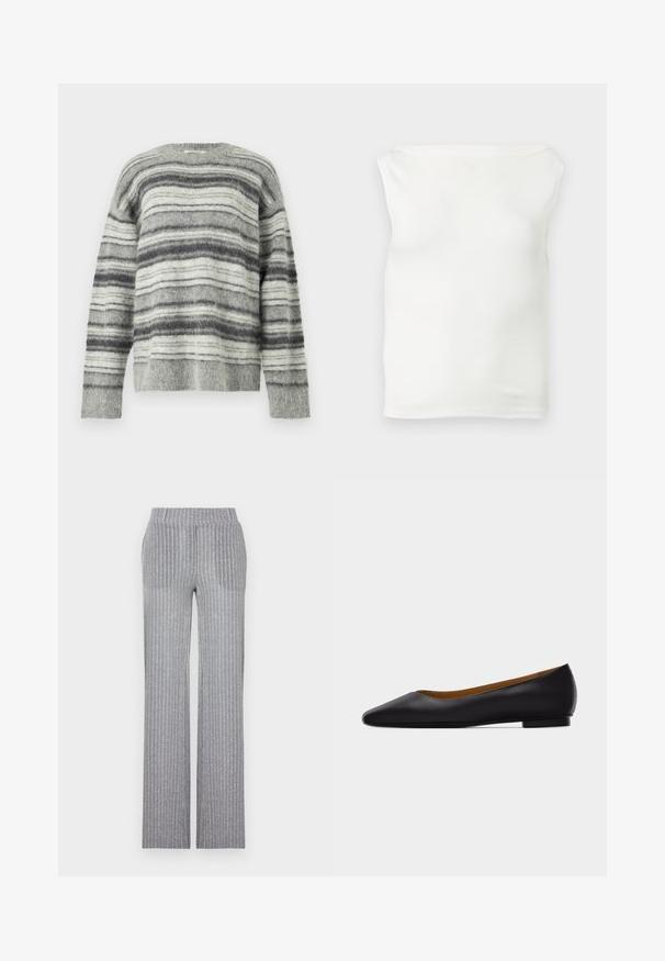 Grau gestreifter Pullover aus weichem, flauschigem Material. Mit horizontalen Streifen in verschiedenen Grautönen und Weiß. Rundhals, lange Ärmel.; Weißes trägerloses, figurbetontes Tube-Top mit geradem Ausschnitt und glattem Stoff, auf hellem Hintergrund präsentiert.; Grau, gerippte Strickhosen mit einem enganliegenden Bund und ausgestellt geschnittenen Beinen. Sie haben einen dezenten Glanz und vertikale Streifen für mehr Struktur.; Schwarzer flacher Schuh aus Leder mit spitz zulaufender Vorderkappe, niedrigem Absatz und glatter Oberfläche, von der Seite vor einem hellgrauen Hintergrund dargestellt.
