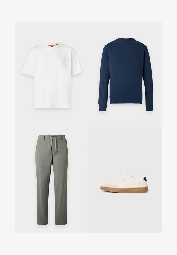 Donkerblauwe sweatshirt met een ronde hals, geribbelde manchetten en zoom. Voorzien van een subtiel logo op de borst in een bijpassende kleur. Glad stoffen textuur.; Witte katoenen T-shirt met korte mouwen, ronde halslijn, met een klein zwart logo op de linkerborst en een oranje accent aan de binnenkant van de kraag.; Herenbroek met rechte pijpen in olijfgroen, met trekkoord in de taille en riemlussen, getoond tegen een effen achtergrond.; Witte sneakers met beige accenten, bovenwerk van glad leer, ronde neus en rubberen gumzool, met een zwarte hieltab en subtiele branding.