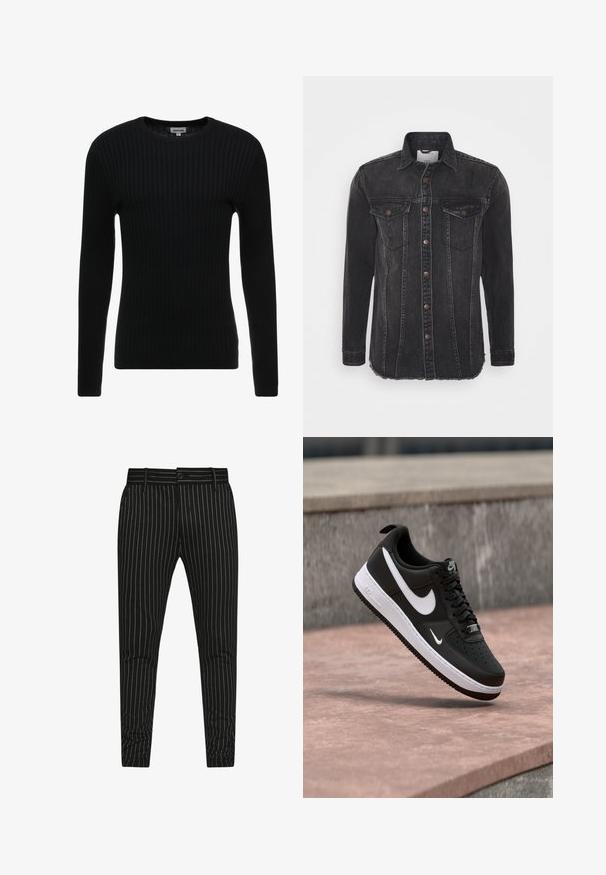 Pull noir à manches longues en côte avec un col rond ; le tissu texturé présente des lignes verticales ; silhouette ajustée ; sans embellissements ni accents visibles.; Veste en denim noir à manches longues, fermeture à boutons, deux poches poitrine et ourlet effiloché. Présente un léger décoloration et des détails cousus.; Pantalons rayés noirs avec des fines rayures blanches verticales, une coupe slim, et une fermeture à bouton avec passants de ceinture pour un ajustement réglable.; Baskets Nike Air Force 1 noir et blanc suspendues au-dessus d'une surface en béton rose avec un fond en pierre grise.
