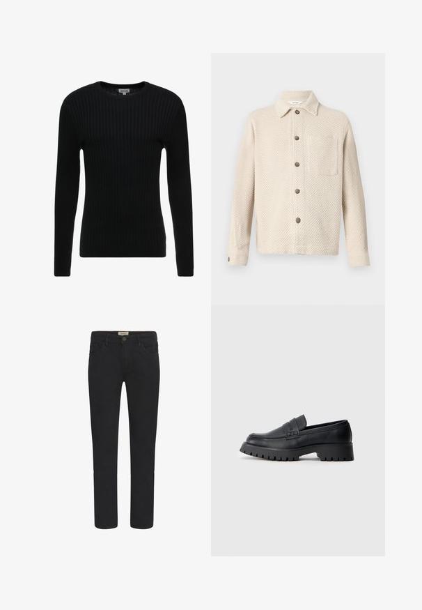 Suéter negro de manga larga con cuello redondo; tejido texturizado que presenta líneas verticales; silueta ajustada; sin adornos o acentos visibles.; Chaqueta beige texturizada de botones con mangas largas, cuello, bolsillo en el pecho del lado derecho y botones oscuros en el frente y los puños.; Vaqueros de mezclilla negra con corte recto, diseño de cinco bolsillos y cierre frontal de botón. Textura suave con sutiles detalles de costura.; Mocasines de cuero negro con punta redondeada, que presentan una correa decorativa y una suela de goma gruesa con surcos profundos para mayor tracción.