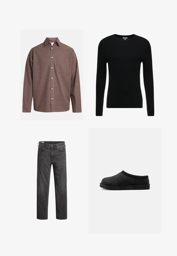 Sort ribbet langærmet sweater med rund hals; struktureret stof med lodrette linjer; tætsiddende silhuet; ingen synlige udsmykninger eller detaljer.; Brunternetternet knap-up skjorte med lange ærmer, med en brystlomme og hvide knapper på et struktureret stof.; Mørkegrå denim jeans med lige ben, fem lommer og kobbernitter. Klassisk design med en let falmet struktur.; Sort slip-on UGG-tøfler med en blød sål og strikket kant rundt kraven, sidevisning på hvid baggrund.
