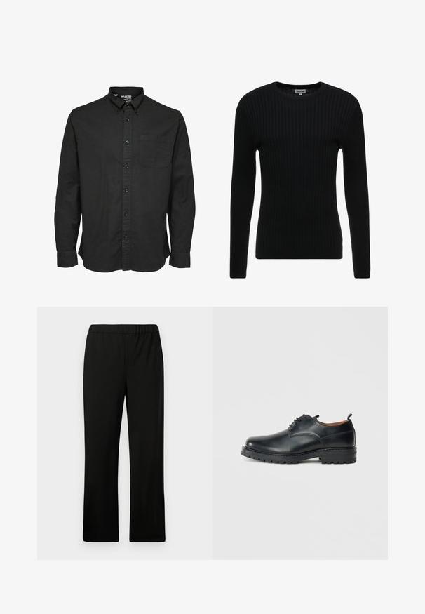Sort ribbet langærmet sweater med rund hals; struktureret stof med lodrette linjer; tætsiddende silhuet; ingen synlige udsmykninger eller detaljer.; Sort langærmet skjorte med knapper i bomuldsstof, med standard krave, brystlomme og matchende sorte knapper.; Sorte elastiske bukser med lige ben-design. Fremstillet af glat stof, uden synlige mønstre eller udsmykninger.; Sorte læder derby-sko med en glat overflade, rund tå, snøre-design og en tyk, robust gummisål.