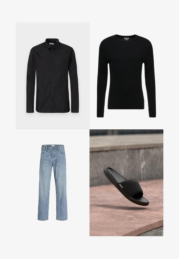 Sort ribbet langærmet sweater med rund hals; struktureret stof med lodrette linjer; tætsiddende silhuet; ingen synlige udsmykninger eller detaljer.; Sorte langærmede skjorte med klassisk krave, lavet af glat stof, med frontknapper og en almindelig pasform.; Lyseblå denimjeans med lige ben, høj talje, fem-lommers design og subtilt slid, med metalknaplukning.; Sort Reef slidesandal med tekstureret fodseng, perforeret øverste rem og "REEF"-logo på siden, vist svævende over en stens overflade.