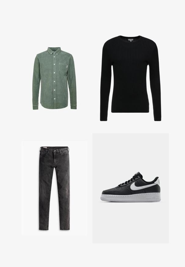Pull noir à manches longues en côte avec un col rond ; le tissu texturé présente des lignes verticales ; silhouette ajustée ; sans embellissements ni accents visibles.; Chemise en velours côtelé vert avec un col boutonné, des manches longues, une poche sur la poitrine gauche et des boutons blancs. Finition texturée.; Jean slim noir délavé avec poches avant, passants de ceinture et fermeture par bouton, posé à plat sur un fond blanc.; Baskets en cuir noir avec surface texturée, swoosh Nike blanc, semelle grise, bout rond et design à lacets. Comprend des perforations sur la boîte à orteils.