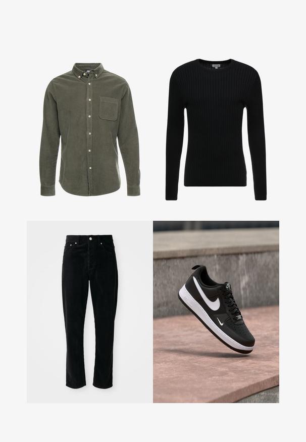 Sort ribbet langærmet sweater med rund hals; struktureret stof med lodrette linjer; tætsiddende silhuet; ingen synlige udsmykninger eller detaljer.; Olivengrøn kordfløjlsskjorte med lange ærmer, knap-ned krave, frontlomme og frontknaplukning. Struktureret stof med lodrette striber.; Sorte fløjlsprede bukser med høj talje, lige ben, fem lommer og sølvhardware, der har et struktureret ribbet mønster over det hele.; Sort-hvid Nike Air Force 1 sneaker svævende over en lyserød betonflade med en grå stenbaggrund.