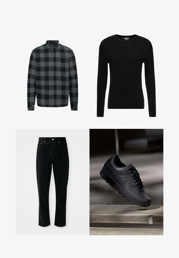 Sort ribbet langærmet sweater med rund hals; struktureret stof med lodrette linjer; tætsiddende silhuet; ingen synlige udsmykninger eller detaljer.; Grå og sort ternet flannel skjorte med lange ærmer, knap-ned krave og knapper foran. Blød tekstur med en afslappet pasform.; Sorte fløjlsprede bukser med høj talje, lige ben, fem lommer og sølvhardware, der har et struktureret ribbet mønster over det hele.; Sorte Nike Air Max-sneakers med en struktureret læderoverdel, gummisål og fremtrædende snøresystem, der viser et slankt, moderne design.