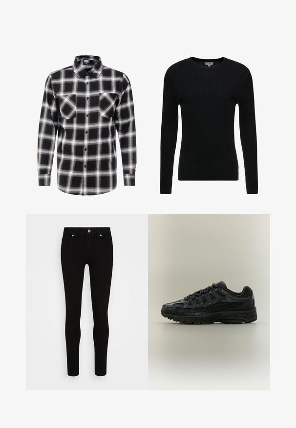Sort ribbet langærmet sweater med rund hals; struktureret stof med lodrette linjer; tætsiddende silhuet; ingen synlige udsmykninger eller detaljer.; Langærmet ternet skjorte i sort, hvid og brun. Har en krave med knaplukning og to brystlommer med knaplukning.; Sorte skinny jeans med en glat tekstur, fem lommer, frontlukning med knap og en slank silhuet. Minimalistisk stil uden synlige mønstre.; Sort Nike løbesko med mesh og syntetisk overdel, snørelukning og tekstureret sål, vist fra venstre side på en ensfarvet baggrund.