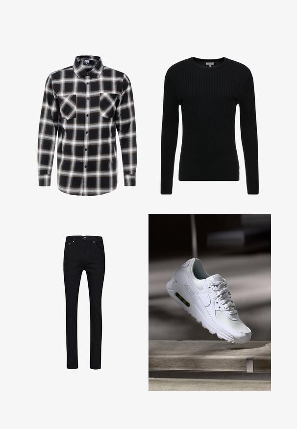 Sort ribbet langærmet sweater med rund hals; struktureret stof med lodrette linjer; tætsiddende silhuet; ingen synlige udsmykninger eller detaljer.; Langærmet ternet skjorte i sort, hvid og brun. Har en krave med knaplukning og to brystlommer med knaplukning.; Sorte jeans lavet af denim med en lige pasform, fem lommer, metal knapper og en enkelt baglomme med syningsdetaljer.; Hvide Nike Air Max 90 sneakers med en overdel i mesh og læder, perforeret tåboks og en synlig luftenhed i hælen.