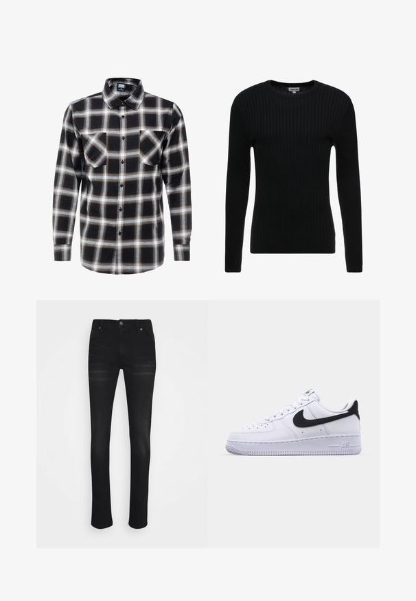 Sort ribbet langærmet sweater med rund hals; struktureret stof med lodrette linjer; tætsiddende silhuet; ingen synlige udsmykninger eller detaljer.; Langærmet ternet skjorte i sort, hvid og brun. Har en krave med knaplukning og to brystlommer med knaplukning.; Sorte denimjeans med lige ben, fem lommer og knaplukning. Glat tekstur med minimal falmning.; Hvide lædersneakers med en struktureret sort Swoosh, flade snørebånd og en gummisål med et rillemønster. "AIR" er præget på hælen.