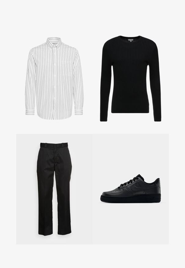 Sort ribbet langærmet sweater med rund hals; struktureret stof med lodrette linjer; tætsiddende silhuet; ingen synlige udsmykninger eller detaljer.; Hvid langærmet skjorte med sorte lodrette striber, knap-ned krave, enkelt brystlomme og striber i kontrast på manchetterne.; Sorte bukser lavet af et glat stof med lige ben, bæltestropper og to sidelommer. Klassisk look uden udsmykninger.; Sort Nike Air Force 1 sneaker med en glat læderoverdel, perforeret tå for åndbarhed, sorte snørebånd og en textured gummisål.