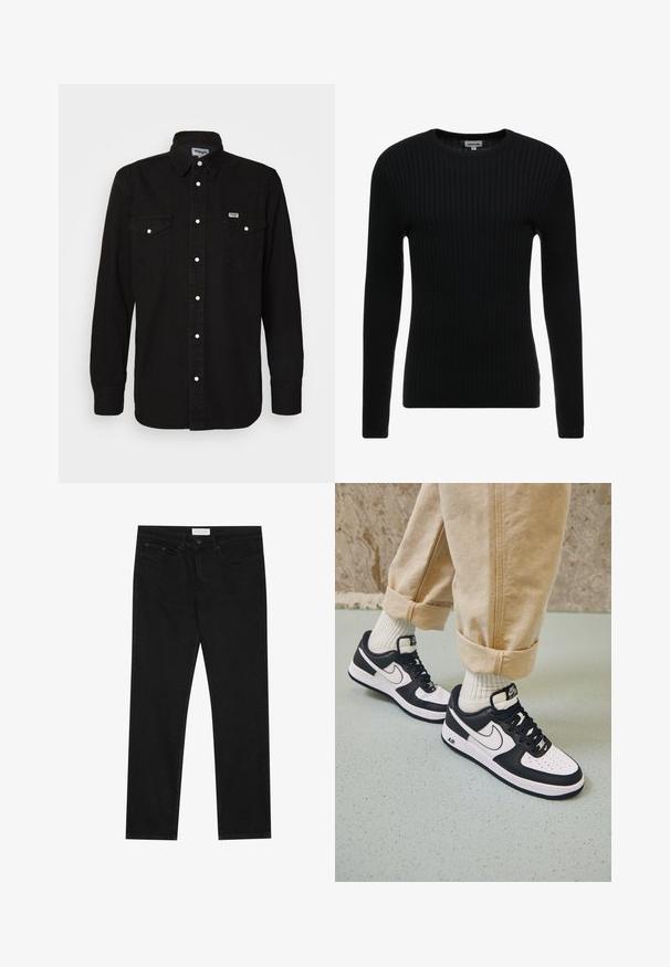 Schwarzer gerippter Langarmpullover mit Rundhalsausschnitt; texturiertes Gewebe mit vertikalen Streifen; figurbetonte Silhouette; keine sichtbaren Verzierungen oder Akzente.; Schwarzes Button-Up-Hemd mit spitzem Kragen, zwei Brusttaschen, weißen Druckknöpfen und strukturiertem Stoff. Wrangler-Logo auf der linken Brust.; Schwarze gerade Jeans mit Fünf-Taschen-Design, Knopf- und Reißverschluss, und einem Pier One-Label am Bund.; Schwarz-weiße Nike Air Force 1 Sneaker mit einem Obermaterial aus Leder, perforierter Zehenpartie und strukturiertem Sohlendesign, getragen mit aufgerollten beigen Hosen und weißen Socken.