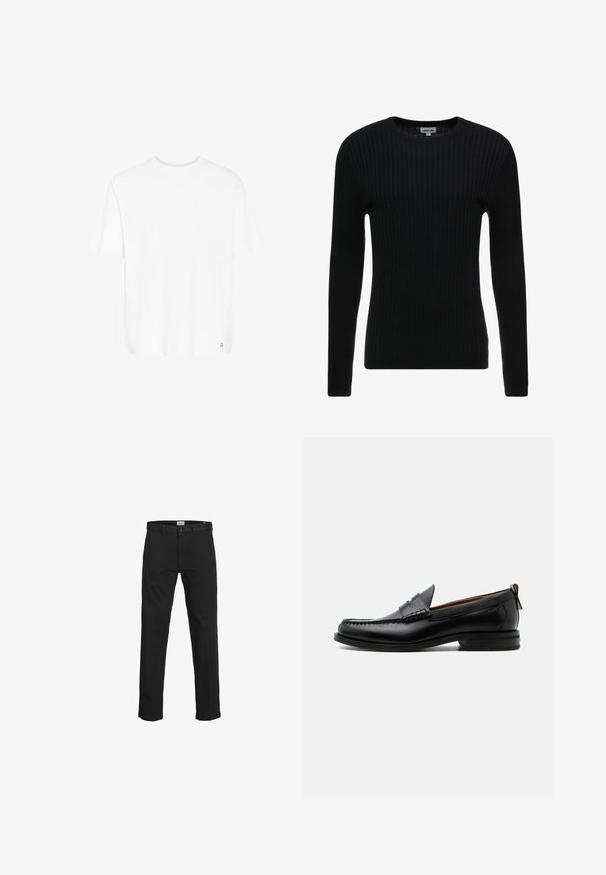 Sort ribbet langærmet sweater med rund hals; struktureret stof med lodrette linjer; tætsiddende silhuet; ingen synlige udsmykninger eller detaljer.; Hvid t-shirt med korte ærmer i blød bomuldsblanding. Har en rund hals og et diskret logo ved bunden af kanten. Lige snit og afslappet pasform.; Sorte bukser lavet af bomuld, med lige pasform, bælteløkker, lynlås og knaplukning samt sidelommer.; Sort læder herre loafer med moc-tå syning, penny strop, struktureret krave og lav stablet hæl på hvid baggrund.