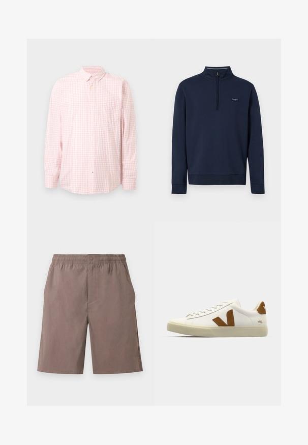 Pull-over marine à fermeture éclair quart, fabriqué en tissu mélangé de coton, avec un col montant, des poignets côtelés et un petit logo brodé sur la poitrine.; Chemise à manches longues à carreaux rose clair et blanc, boutonnée, avec col et poche poitrine, présentée sur un fond uni.; Shorts marron pour hommes, longueur genou, avec taille élastique et fermeture à bouton, fabriqués en tissu léger.; Baskets en cuir blanc avec un logo V en suède marron, bout arrondi, design à lacets plats et semelle texturée pour une meilleure adhérence.