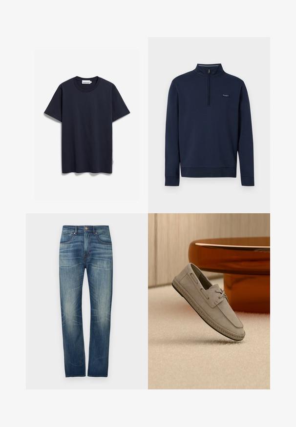 Marineblauer Pullover mit Reißverschluss bis zur Brust, hergestellt aus einer Baumwollmischung, mit hohem Kragen, gerippten Bündchen und einem kleinen gestickten Logo auf der Brust.; Marineblaue Baumwoll-T-Shirt mit Rundhalsausschnitt, kurzen Ärmeln und geradem Saum. Verfügt über ein dezentes Markenetikett an der Seitennaht.; Dunkelblaue Denim-Jeans mit geradem Bein, leicht ausgewaschen, fünf Taschen und Knopfverschluss am Bund.; Hellbrauner Bootsschuh aus Wildleder mit Schnürdetails und Espadrillesohle, aufrecht auf beigem Teppich nahe brauner runder Möbel platziert.