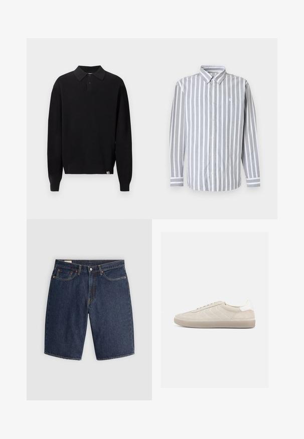 Sort langærmet strikket polo-sweater med knappet krave og ribstrikkede ærmegab og kant, vist på ensartet lys baggrund.; Herre skjorte med knapper, grå og hvide lodrette striber, lange ærmer og et lille logo på brystet. Bomuldsstof, klassisk krave.; Mørkeblå denim shorts med et klassisk design, der har fem lommer, syninger, en knaplukning og buede baglommer.; Beige ruskindssneaker med en tekstureret overdel, glat hvid hælkappe, tynde snørebånd og en gummi-ydersål. Har et lavt profil design.