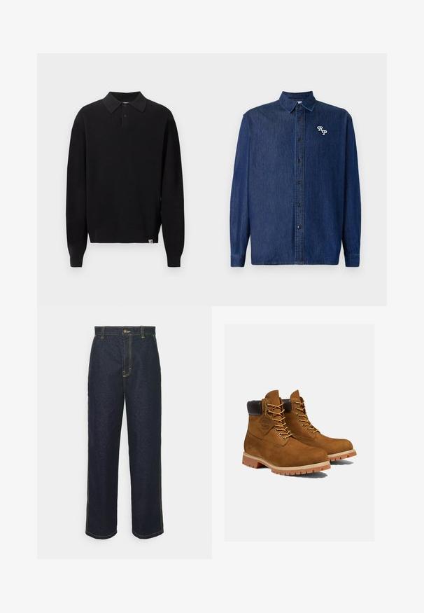 Zwarte gebreide polotrui met lange mouwen, knoopsluiting aan de kraag en geribbelde manchetten en zoom, weergegeven op een effen lichte achtergrond.; Donkerblauw denim overhemd met een knoopsluiting aan de voorkant, lange mouwen en een spitse kraag. Voorzien van een wit geborduurd "RP"-logo.; Wijde donkerblauwe spijkerbroek met gele stiksels, voorzien van een knoopsluiting aan de voorkant en zijzakken. Glad van textuur en met een traditioneel ontwerp.; Bruine suède enkellaarsjes met een gevoerde zwarte kraag, gouden oogjes en een dikke rubberen zool met een profielpatroon voor grip.