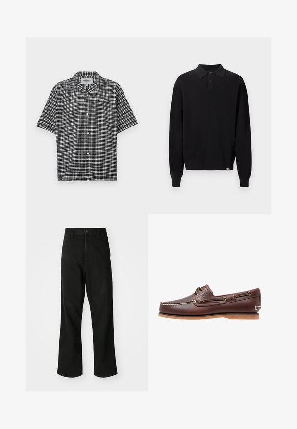 Pull polo noir à manches longues en maille, avec col boutonné et poignets et ourlet côtelés, présenté sur un fond clair uni.; Chemise à manches courtes à carreaux noir et blanc avec col et petit logo blanc "Carhartt" sur la poitrine.; Jean noir à jambe droite avec fermeture à boutons, passant de ceinture et poches avant sur un fond blanc uni.; Chaussure bateau en cuir marron avec coutures blanches, détails de lacets et semelle en caoutchouc beige, vue de côté sur fond blanc.