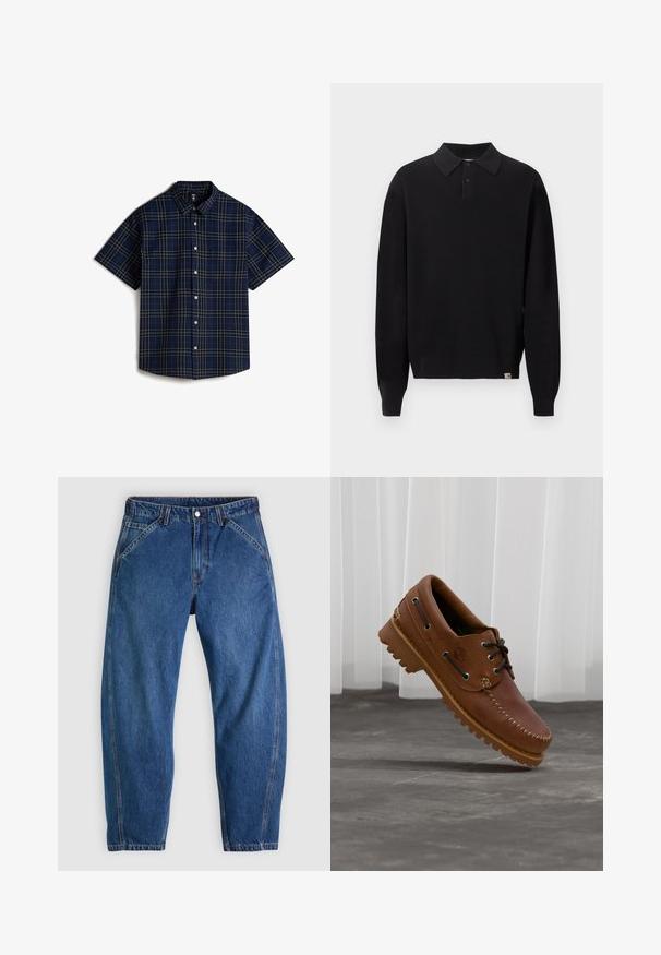 Sort langærmet strikket polo-sweater med knappet krave og ribstrikkede ærmegab og kant, vist på ensartet lys baggrund.; Vans LAWSON - Skjorter - medium blue; Blå denimjeans med afslappet pasform, med knaplukning, fem lommer og kontrasterende orange syninger. Glat tekstur over det hele.; Brun læder bådsko med sorte snørebånd, beige syninger og en robust sål, hængende over en grå betongulv.