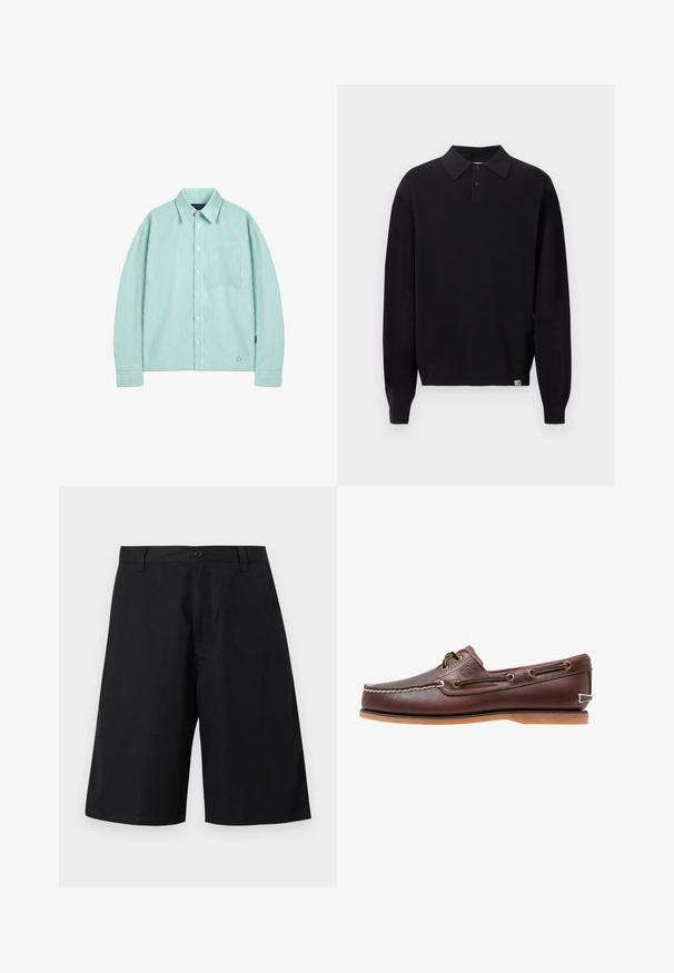 Pull polo noir à manches longues en maille, avec col boutonné et poignets et ourlet côtelés, présenté sur un fond clair uni.; Chemise à manches longues avec boutons, rayures verticales vert clair et blanches, poche poitrine et col classique, posée à plat sur un fond blanc.; Shorts noirs longueur genou avec passants de ceinture, fermeture par bouton et devant uni sur un fond neutre.; Chaussure bateau en cuir marron avec coutures blanches, détails de lacets et semelle en caoutchouc beige, vue de côté sur fond blanc.