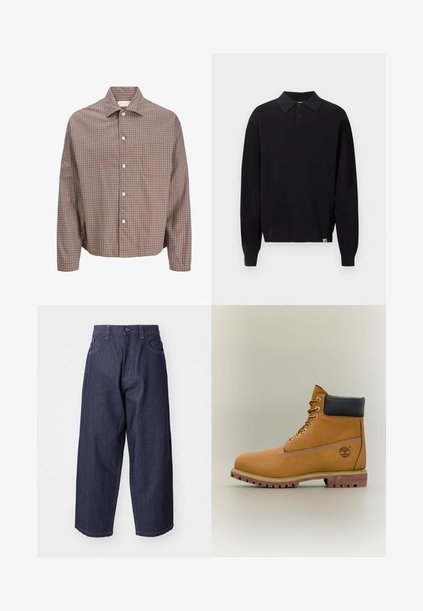 Pull polo noir à manches longues en maille, avec col boutonné et poignets et ourlet côtelés, présenté sur un fond clair uni.; Chemise marron à manches longues avec motif à carreaux blancs et poche poitrine, dotée d'un col classique et de cinq boutons sur le devant.; Jean en denim bleu foncé avec une coupe ample et des jambes larges. Comprend une fermeture à bouton, des poches avant et des accents de couture visibles.; Bottine en cuir marron avec col noir, lacets jaunes et semelle beige. Présente un logo et des détails de couture blanche. Semelle extérieure à traction robuste.