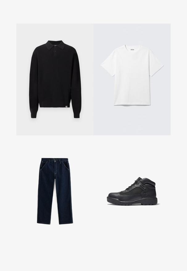 Schwarzer, langärmliger Strick-Polopullover mit geknöpftem Kragen sowie gerippten Bündchen und Saum, präsentiert vor schlichtem, hellem Hintergrund.; Weißes T-Shirt mit kurzen Ärmeln und Rundhalsausschnitt, flach liegend, schlichtes Design, mit „WEEKDAY“-Etikett innen im Kragen auf hellem Hintergrund.; Dunkelblaue Jeans mit geradem Bein, mit fünf Taschen und kontrastierenden weißen Nähten entlang der Nähte und Taschen.; Schwarze Wanderstiefel aus Leder und Mesh, mit gepolstertem Kragen, Schnürverschluss, Gummisohle mit Profil und geprägtem Logo.