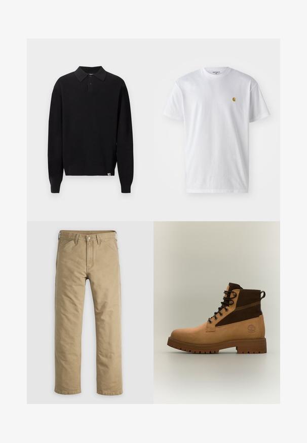 Pull polo noir à manches longues en maille, avec col boutonné et poignets et ourlet côtelés, présenté sur un fond clair uni.; T-shirt en coton blanc à manches courtes, col rond, avec un petit logo doré sur la poitrine gauche. Texture douce et coupe régulière.; Pantalon en coton kaki avec un design à jambe droite, poches avant et fermeture par bouton. Texture lisse et coutures renforcées pour une durabilité accrue.; Botte en cuir marron clair et marron foncé à lacets avec semelle robuste et languette à l'arrière, vue latérale sur fond clair uni.