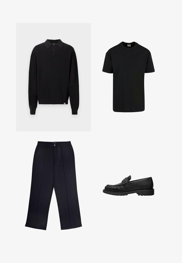 Sort langærmet strikket polo-sweater med knappet krave og ribstrikkede ærmegab og kant, vist på ensartet lys baggrund.; Urban Classics SHORTSLEEVE - T-shirts basic - black; Sorte viddebukser lavet af glat stof med lynlås og knaplukning samt forlommer. Bemærkelsesværdige folder ned ad hvert ben.; Sort læderloafer med syninger på toppen, nitter på remmen og tyk gummisål, vist i profil på hvid baggrund.