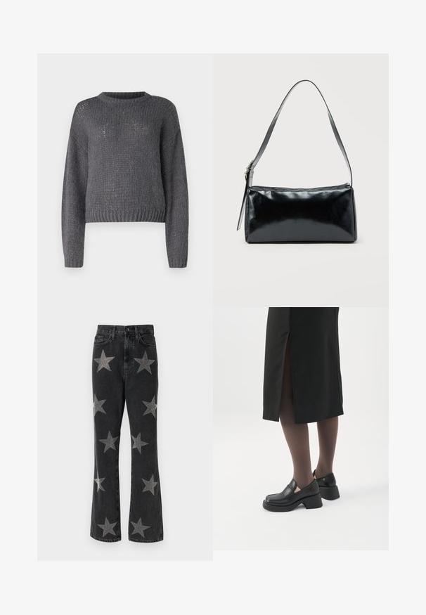 Pull en tricot gris avec un col rond, des manches longues et un ourlet côtelé. Présente un tissage texturé, légèrement lâche sur l'ensemble.; Jean flare en denim noir avec des embellissements en forme d'étoile argentée de tailles variées. Design taille haute avec poches et fermeture à bouton.; Femme portant des mocassins noirs à talons épais, des collants noirs transparents et une jupe noire fendue à l'arrière sur fond blanc.; Sac d'épaule rectangulaire noir avec une sangle réglable unique et une fermeture éclair supérieure sur un fond uni.