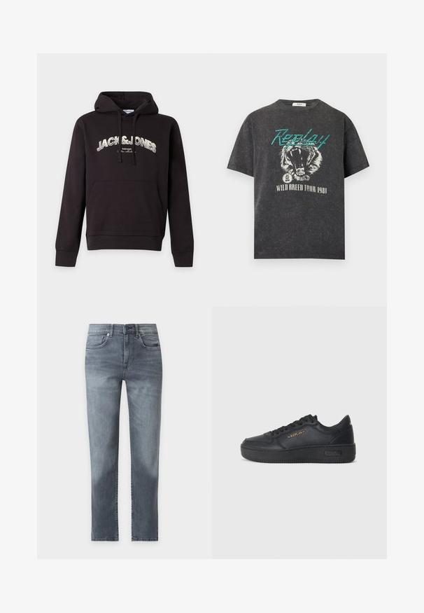 Sudadera negra con capucha, bolsillo frontal y cordones, con un gran texto blanco "JACK & JONES" en el pecho.; Camiseta negra lavada con texto en verde azulado "Replay", gráfico de un tigre rugiente y texto blanco "Wild Breed Tour 1981" abajo.; Vaqueros denim de pierna recta en gris con bolsillos delanteros, trabillas para cinturón y cierre de botón, mostrados sobre un fondo blanco.; Replay EPIC HIGH - Zapatillas - black