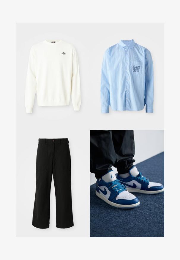 Pull en maille blanc à manches longues avec col ras du cou et petit logo noir Dickies sur le haut à gauche de la poitrine.; Chemise boutonnée bleu clair à rayures avec manches longues, comportant une poche poitrine avec "OBEY" brodé en lettres noires en gras.; Pantalons noirs à large jambe en tissu doux, dotés de poches avant et d'une fermeture à bouton à la taille. Design minimaliste sans motifs visibles.; Les baskets Nike Air Jordan présentent une base en cuir blanc avec des accents en synthétique bleu, une boîte à orteils perforée et des lacets bleus.